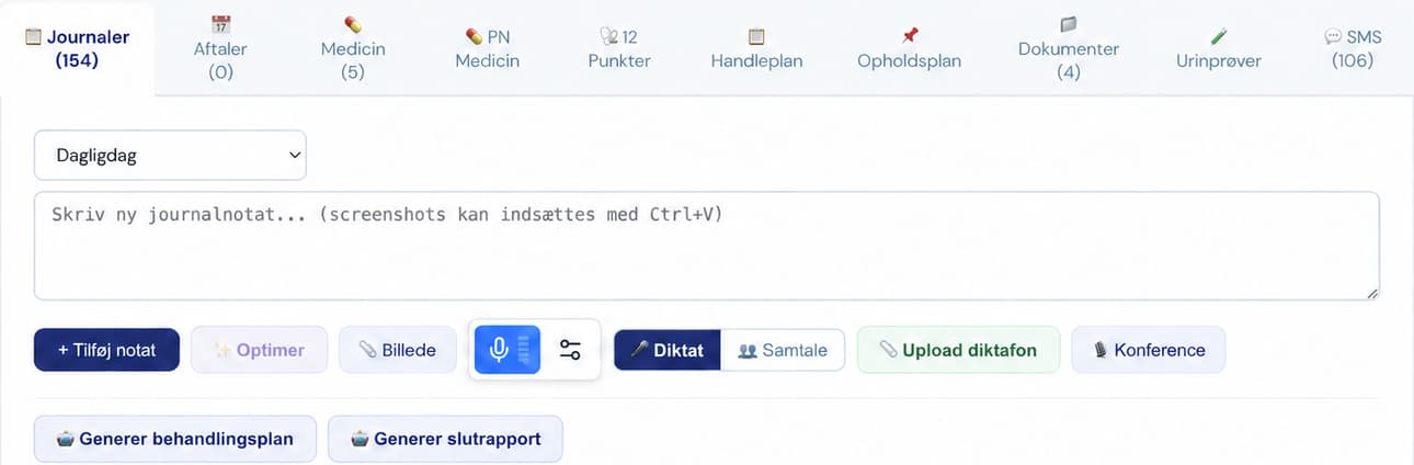 Journalfelt i Validi med valg af notattype, diktering og knapper til at tilføje et notat.