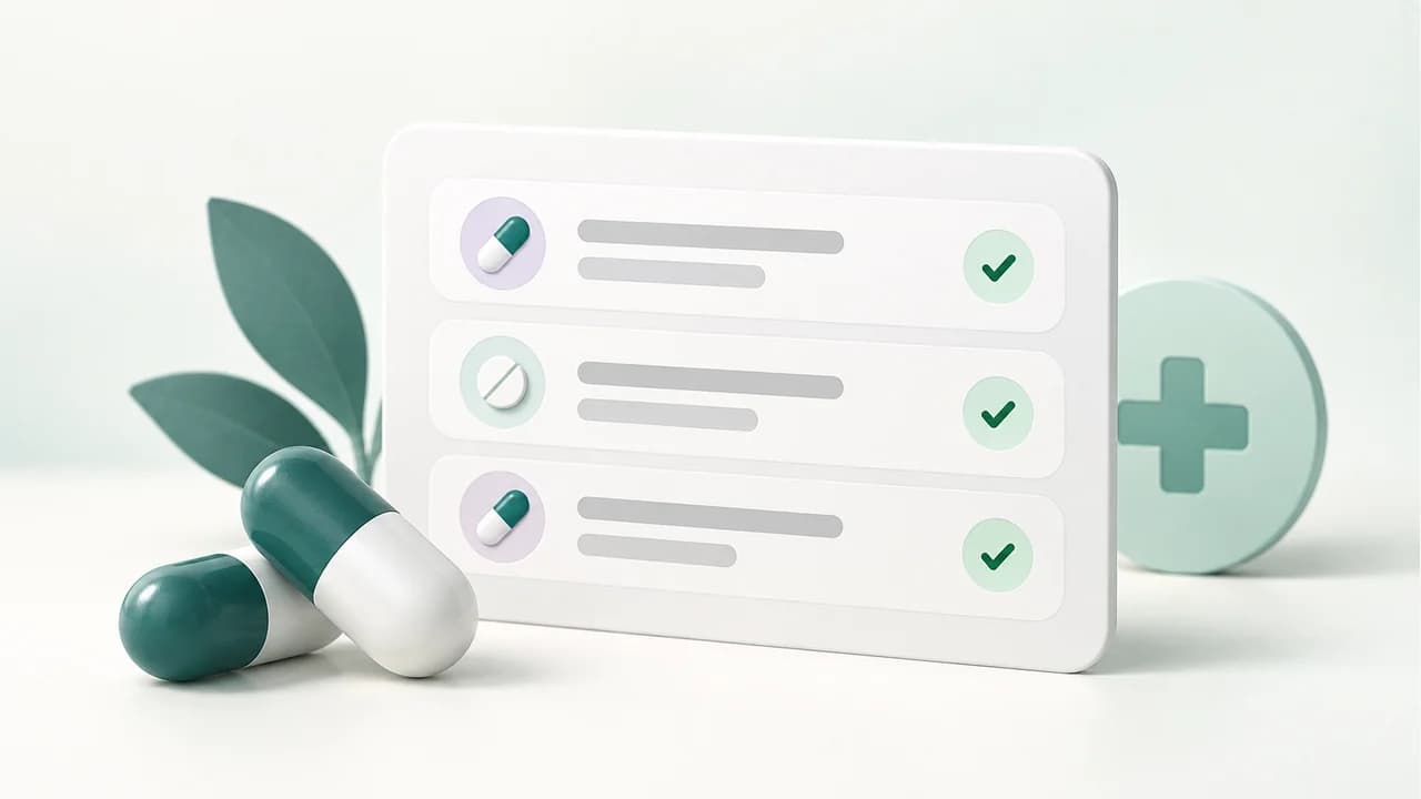 Illustration af medicinoversigt, statusmarkeringer og kapsler.