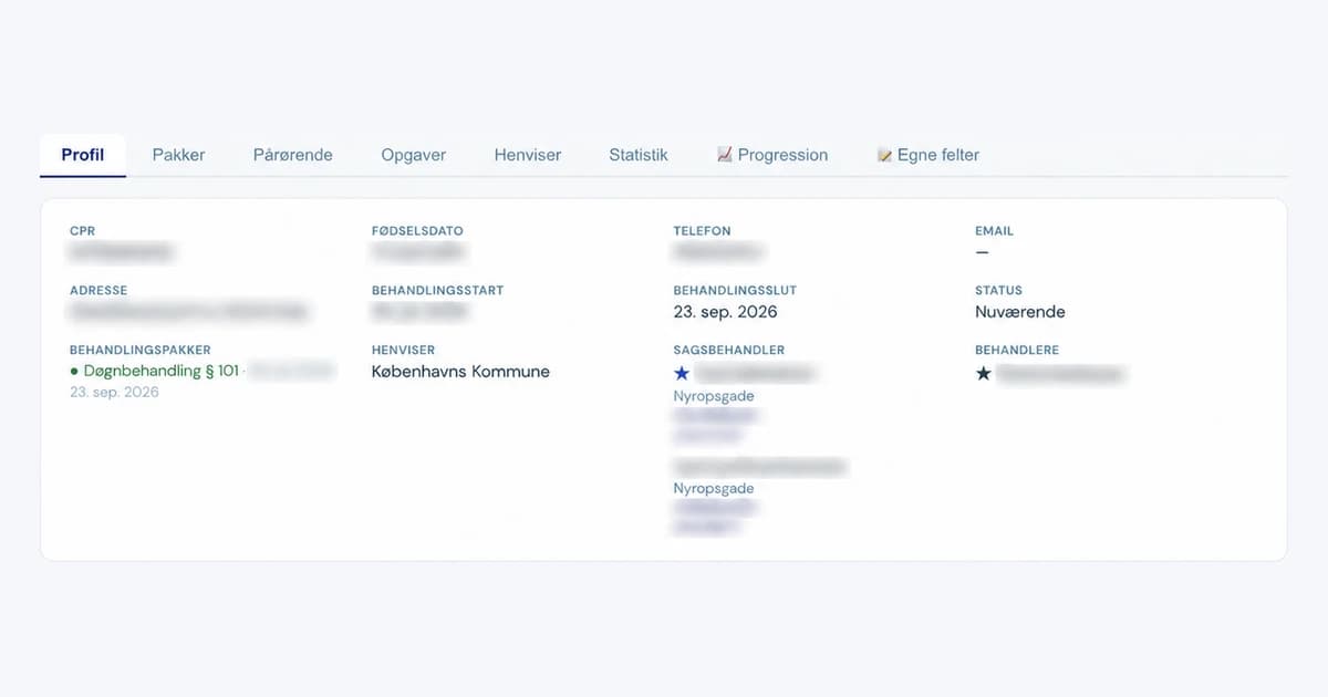 Borgerprofil i Validi med personoplysninger og behandlingsstart sløret.