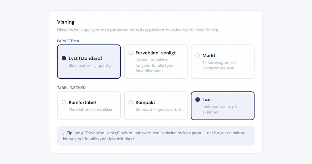 Validis indstillinger for farvetema og tabeltæthed.