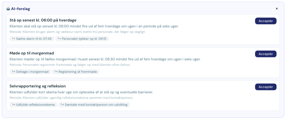 Skærmbillede af AI-forslag i Validi med tre foreslåede delmål — stå op senest kl. 08 på hverdage, møde op til morgenmad, samt selvrapportering og refleksion