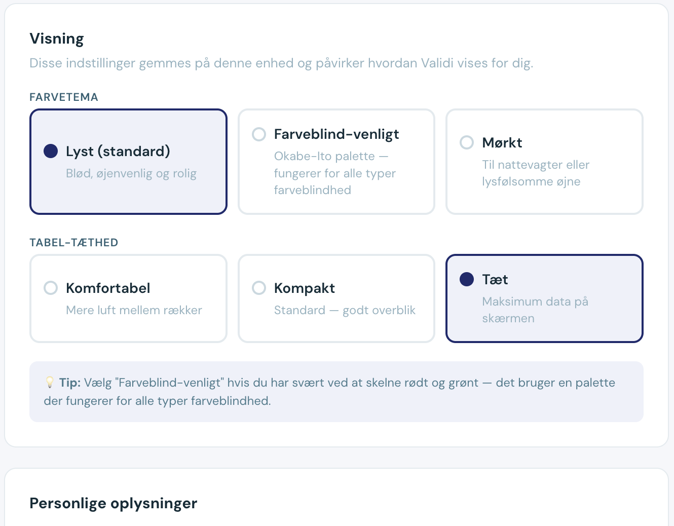 Skærmbillede af personlige indstillinger for farvetema og udseende i Validi journalsystem