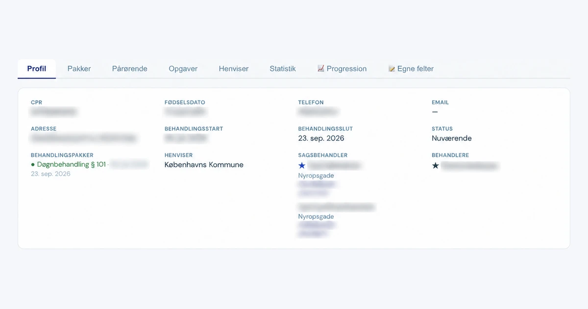 Service user profile in Validi, shown in Danish, with personal details and treatment start dates blurred.