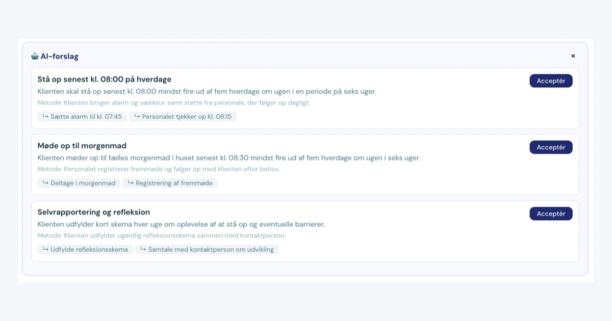 AI suggestions for care plan sub-goals and interventions in Validi for professional review, shown in Danish.