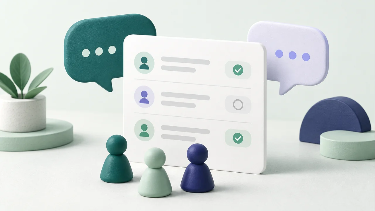 AI-generated HR illustration with conversation bubbles, a checklist and abstract figures representing colleagues.