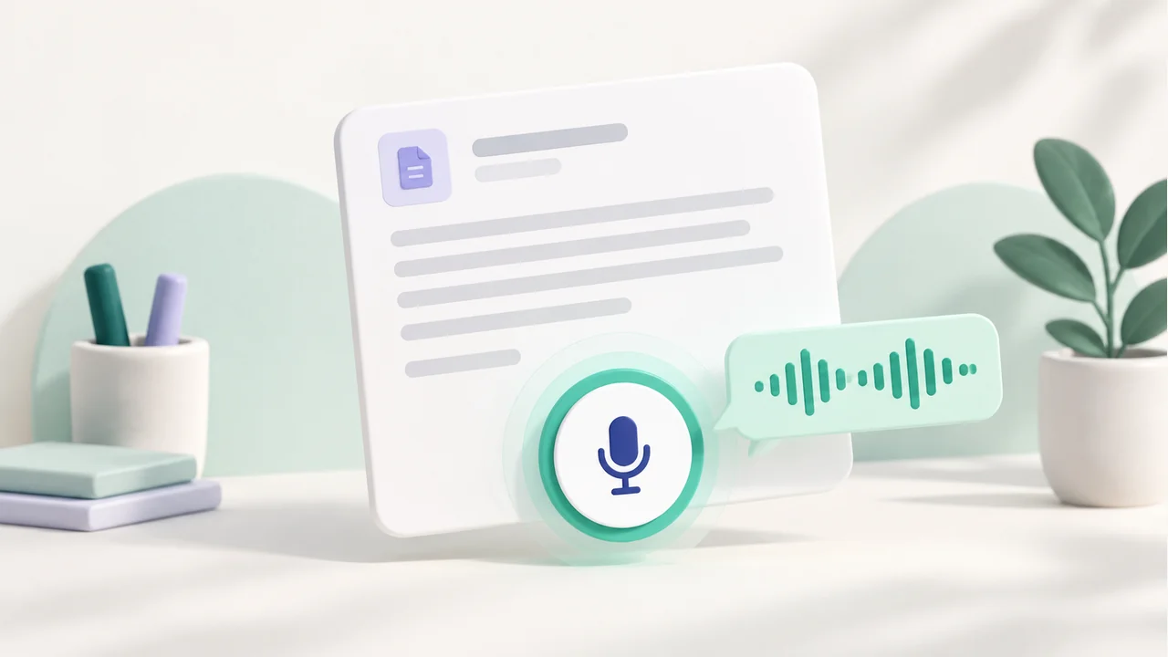 AI-generated illustration of journal writing, with a note card, microphone and audio waveform.